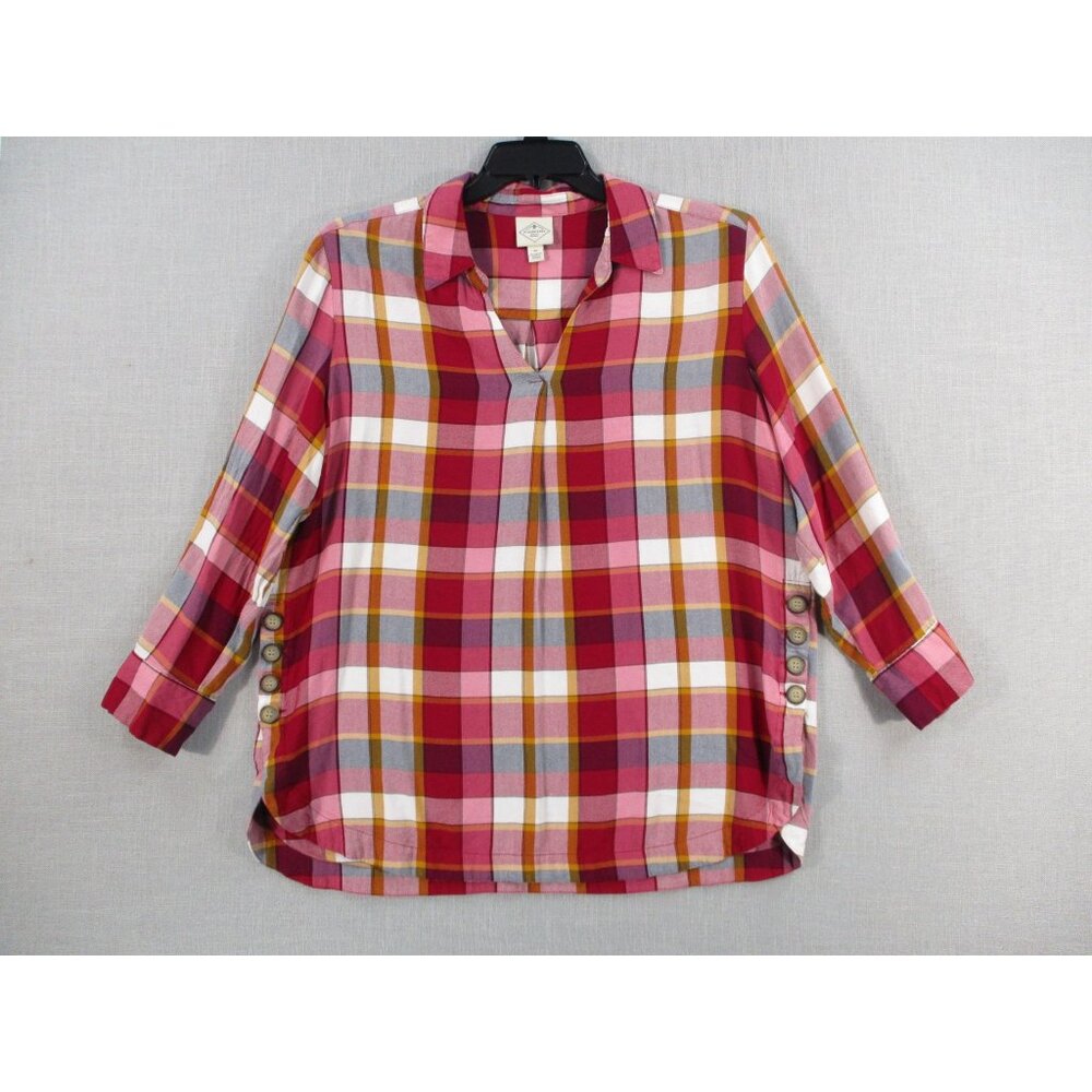 Womens Red Plaid 3/4‎ Sleeve Button Side Tunic Top Rayon Size M